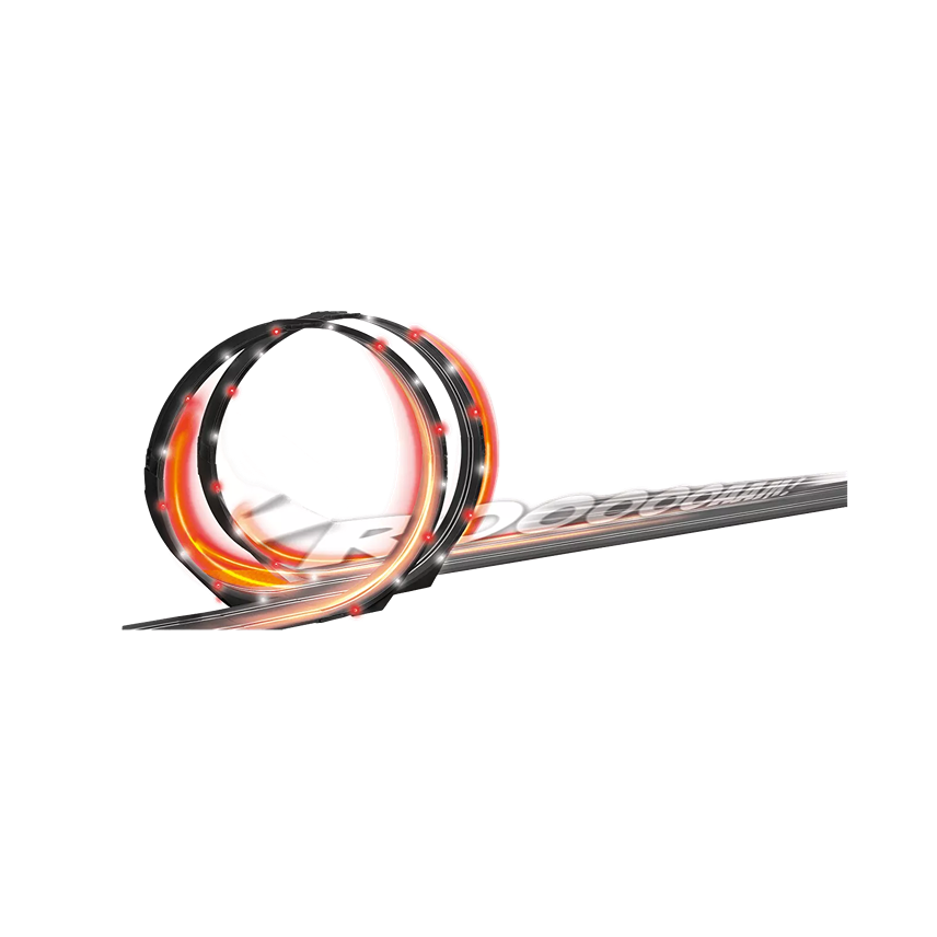 Race track set with illuminated looping loops and glowing light effects for dynamic motion display