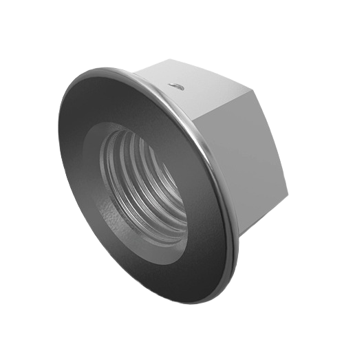 Hexagonal flange lock nut with smooth metallic finish designed for secure fastening in tools and home improvement projects