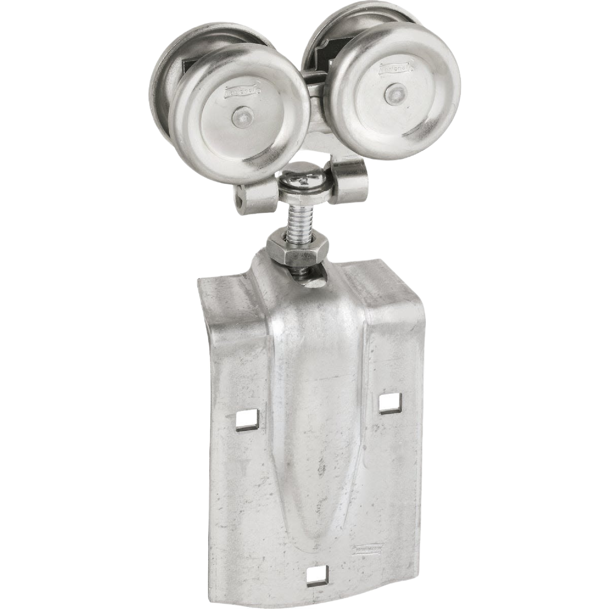 Zinc-plated metal box rail door strap hanger with dual round rollers for smooth barn door operation in home improvement projects