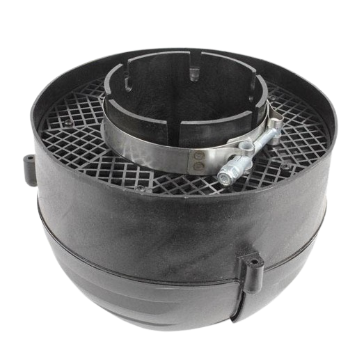 Black circular plastic precleaner with metal clamp and grid design for tools and home improvement use