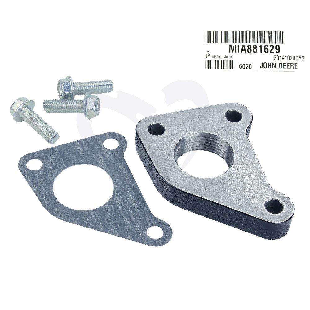 Metal heater kit adapter plate with gasket and three hex-head bolts for automotive and John Deere equipment maintenance