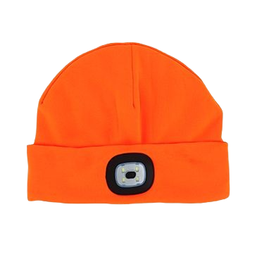 Bright orange rechargeable LED beanie with knit exterior and integrated light for outdoor accessories collection