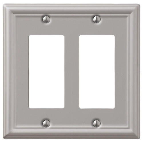 Double rocker wallplate in brushed nickel finish with four screw holes for home improvement installations