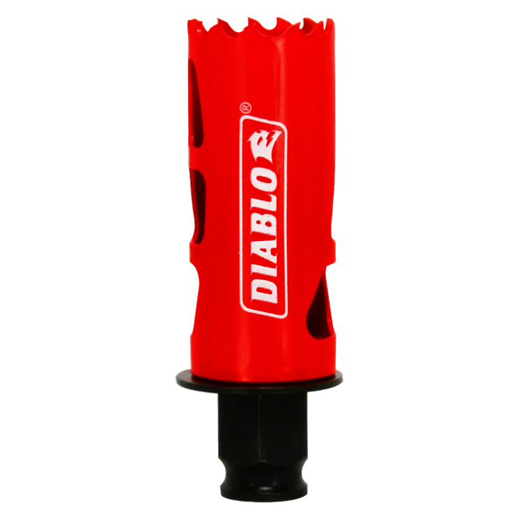 Red metal hole saw with black mandrel attachment for woodworking tools in home improvement under $50 collection