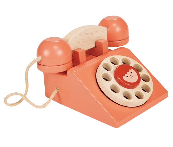 Wooden vintage-style toy telephone in orange with rotary dial and detachable handset for imaginative play