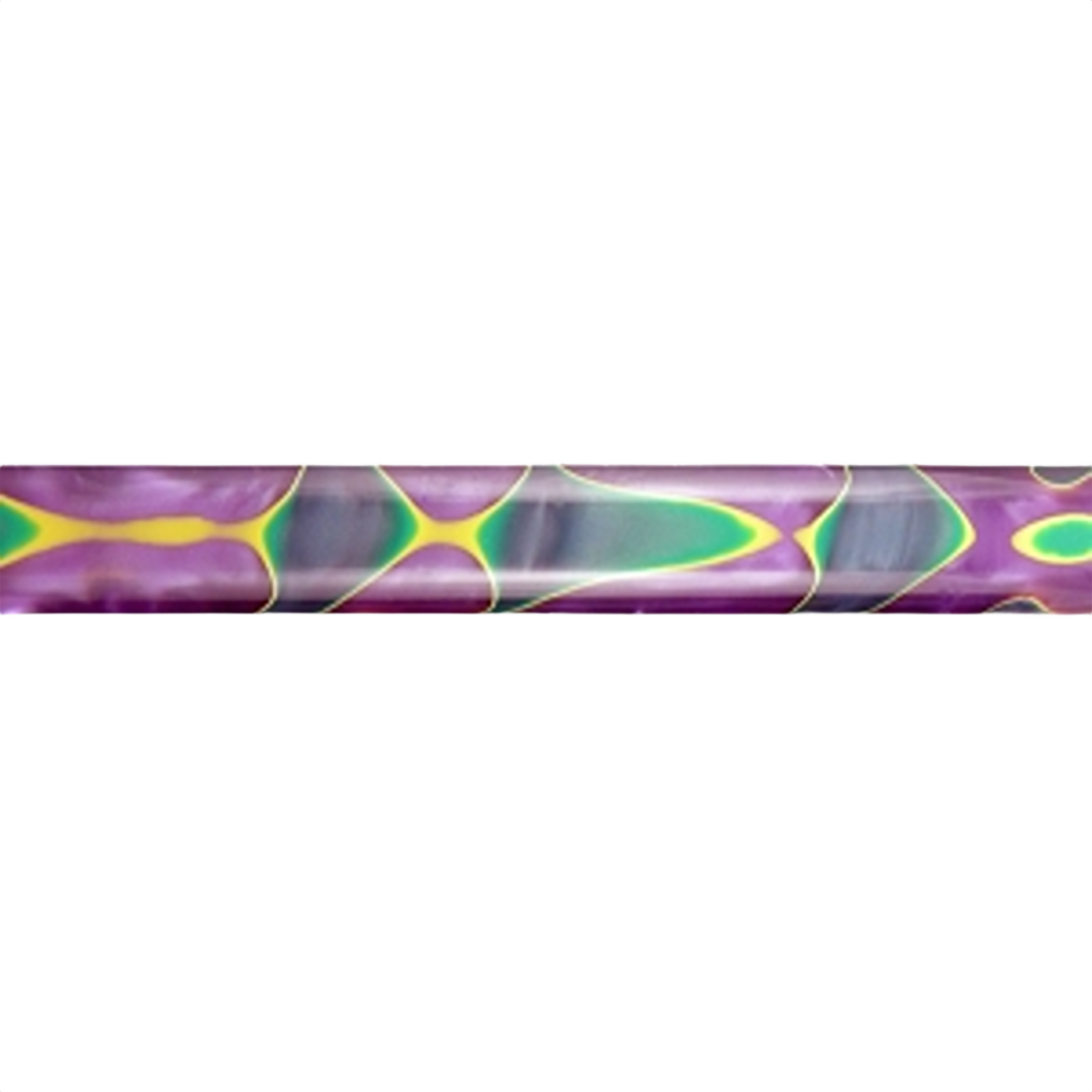 Colorful tropical patterned pen blank with vibrant purple, green, and yellow hues for woodworking and home improvement projects