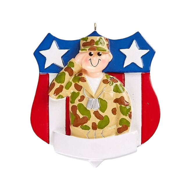 Personalized army male ornament saluting in camouflage with American flag shield background for Christmas decor under $50