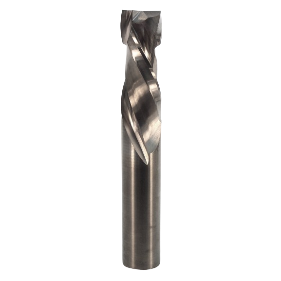 Close-up of spiral up/down cutting bit with smooth cylindrical shank for precision woodworking and home improvement tasks