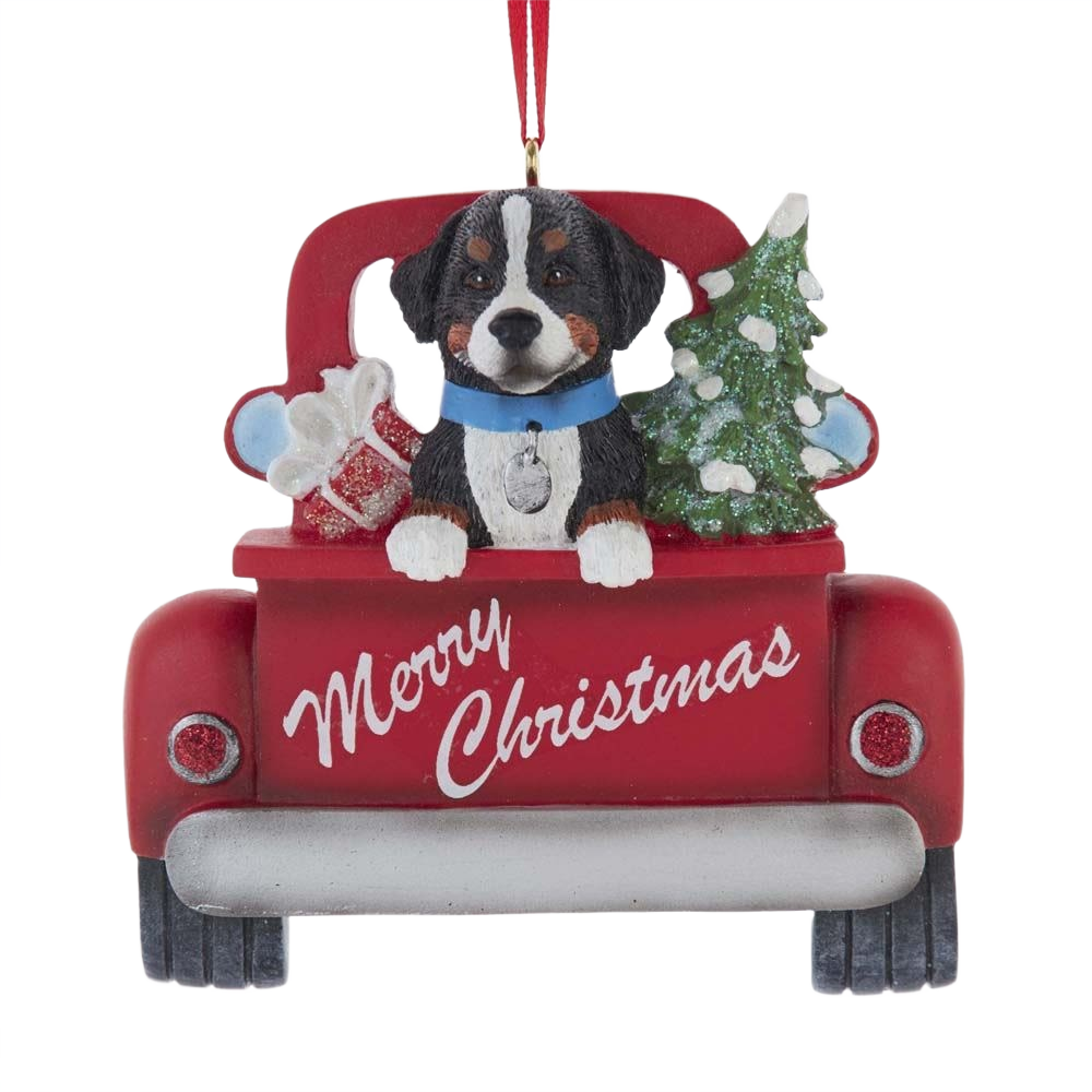 Bernese Mountain Dog ornament in red truck with Christmas tree and gifts for holiday decorating collections