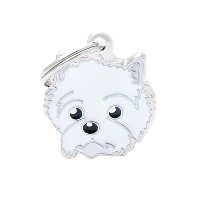 White dog-shaped ID tag with silver edging and keyring attachment for pets and home safety purposes