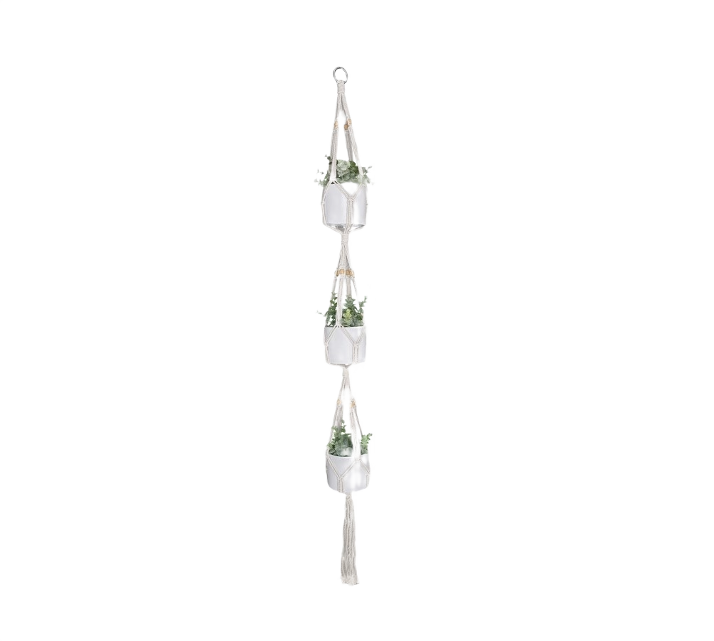 Natural triple pot macrame hanger with 54-inch length, featuring handcrafted cords for stylish indoor plant display