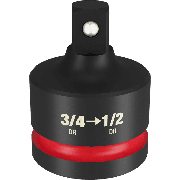 Black and red impact duty reducer adapter converting 3/4-inch drive to 1/2-inch drive for tools and home improvement tasks
