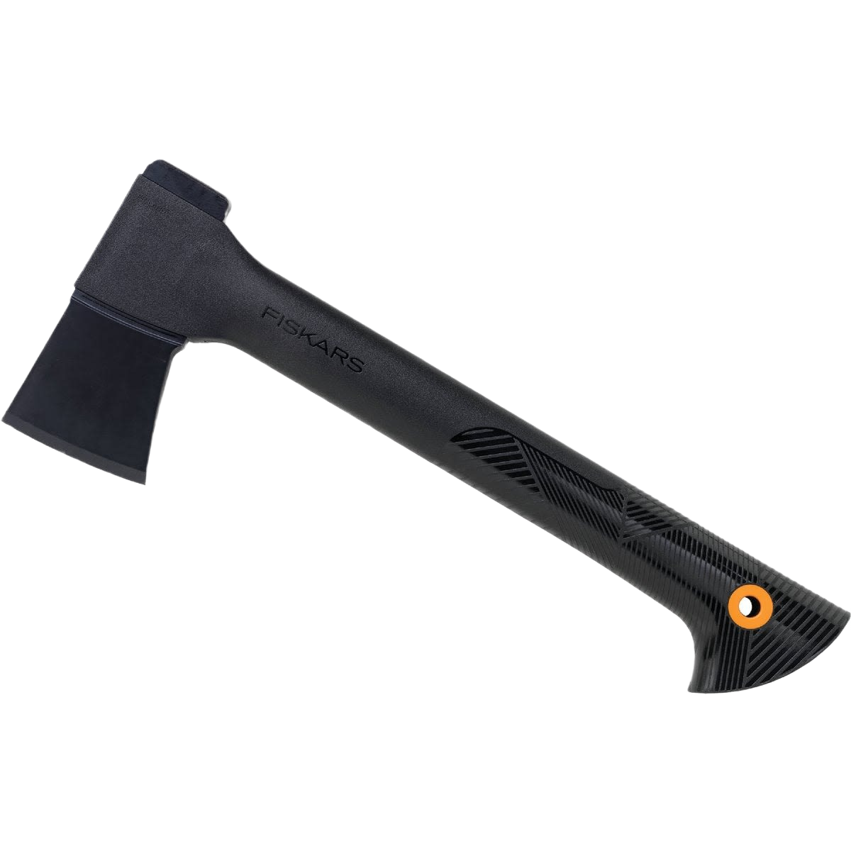Compact black Fiskars axe with textured nylon glass handle designed for camping and outdoor tool use