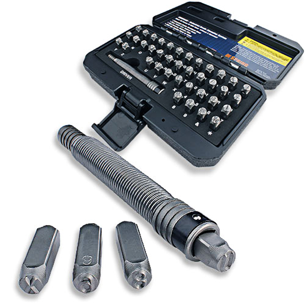 Industrial-grade metal ID stamp set with driver, assorted characters, and coil spring for tools and home improvement use