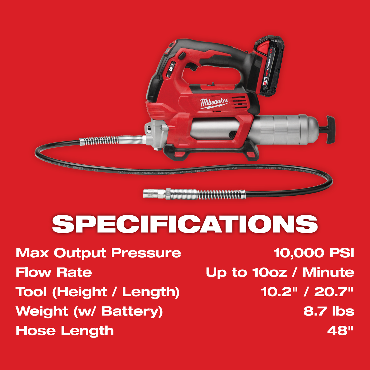 Red and black 2-speed cordless grease gun with flexible hose designed for tools and home improvement tasks