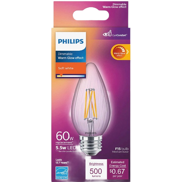 Philips LED decorative light bulb with warm glow dimmable feature for energy-efficient indoor and outdoor lighting