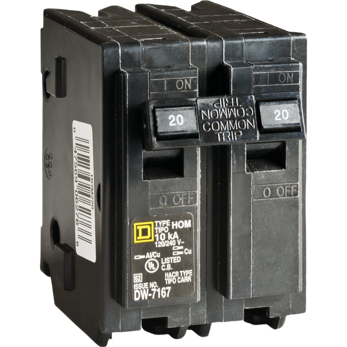 Black 20 amp double-pole circuit breaker with common trip switch for home improvement electrical systems