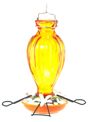 Fluted orange glass oriole feeder with metal hanger and feeding ports for outdoor bird feeding and decor collections