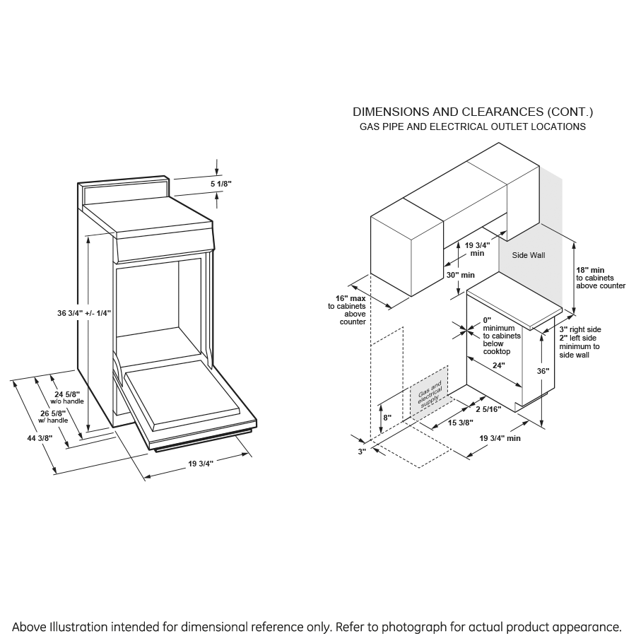 Line drawing showing detailed measurements and clearance requirements for installing a 20-inch gas range in a kitchen space.