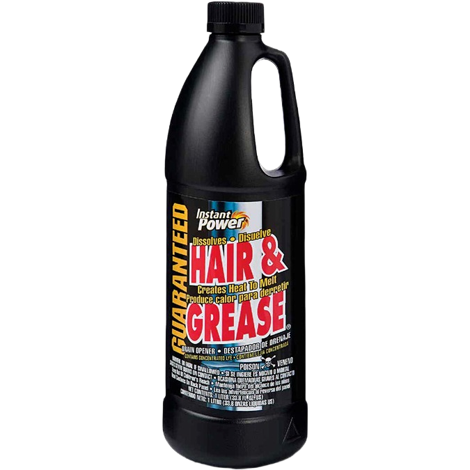 Black plastic jug of powerful drain opener for dissolving hair and grease clogs in plumbing under $50 cleaning supplies collections