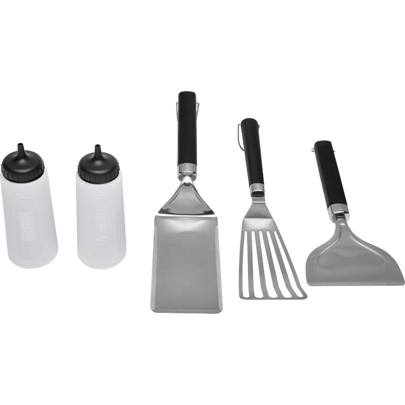 Five-piece flat top griddle tool set with spatulas, scraper, and two squeeze bottles for grilling accessories and outdoor cooking