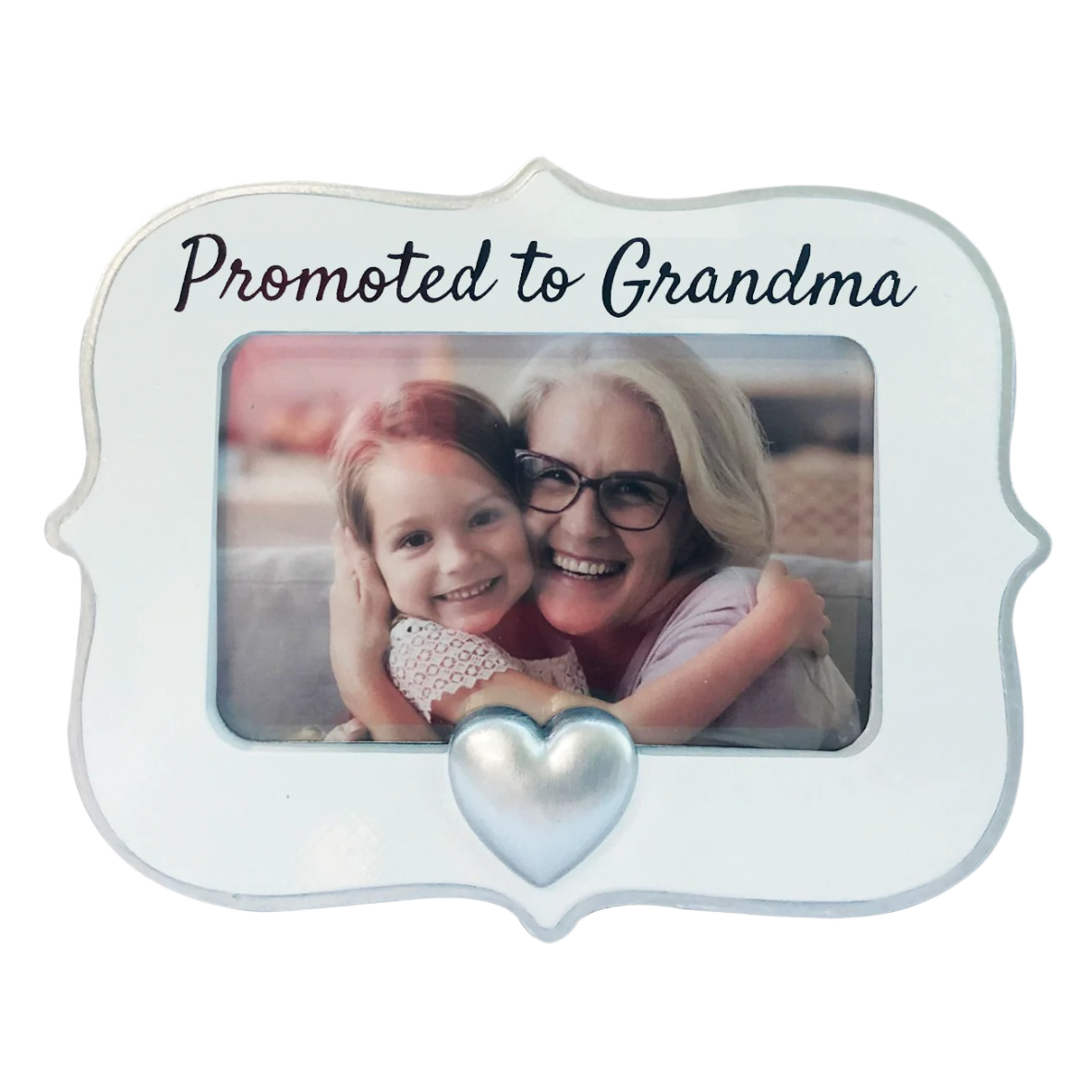 White photo frame ornament with "Promoted to Grandma" text and silver heart from Christmas Ornaments & Tree Decorations collection