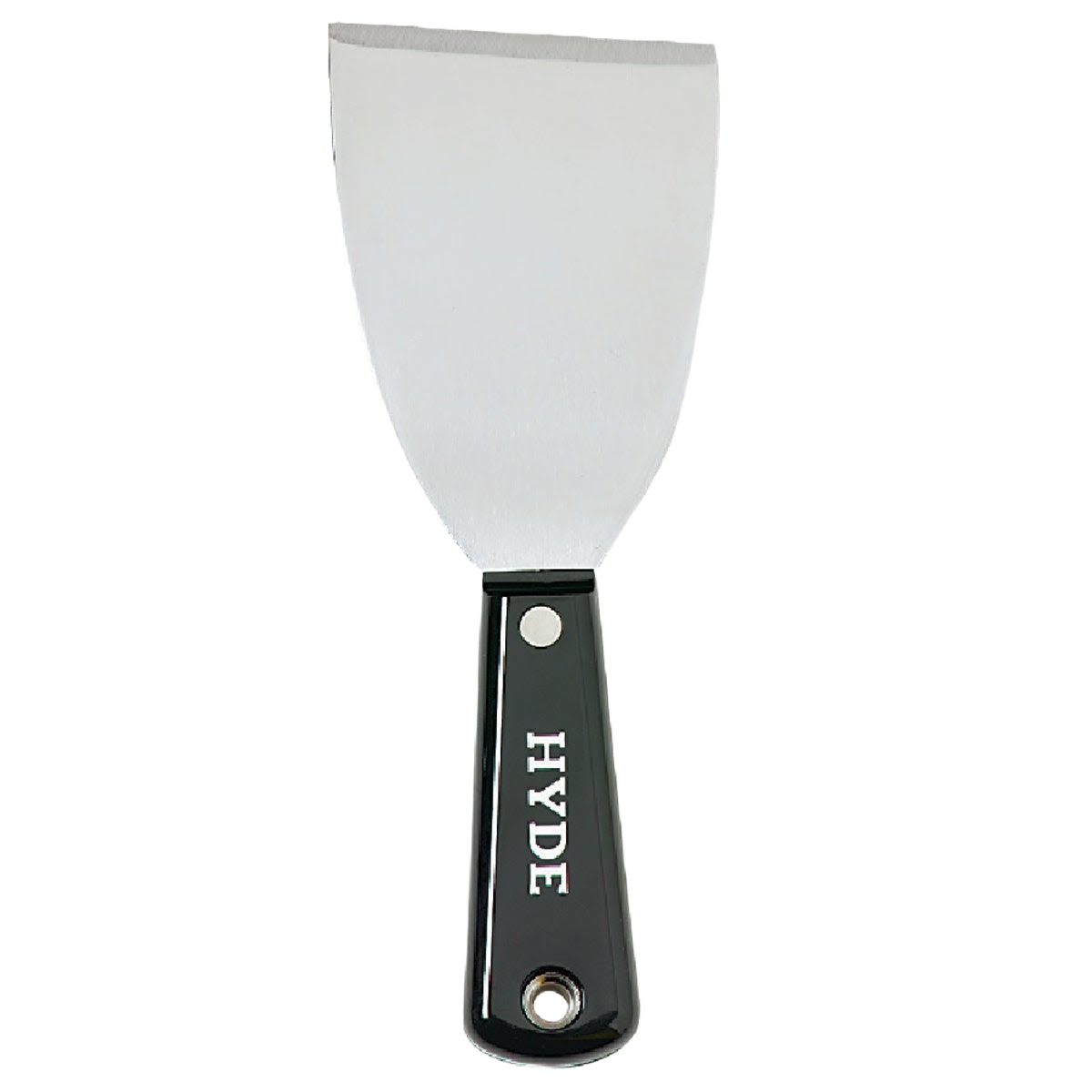 Stiff chisel scraper with high carbon steel blade and black nylon handle for paint and home improvement projects