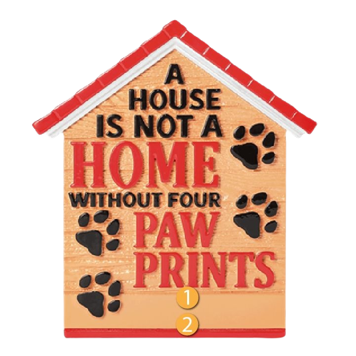 House-shaped ornament with red roof and black paw prints featuring heartfelt pet-themed Christmas message under $50