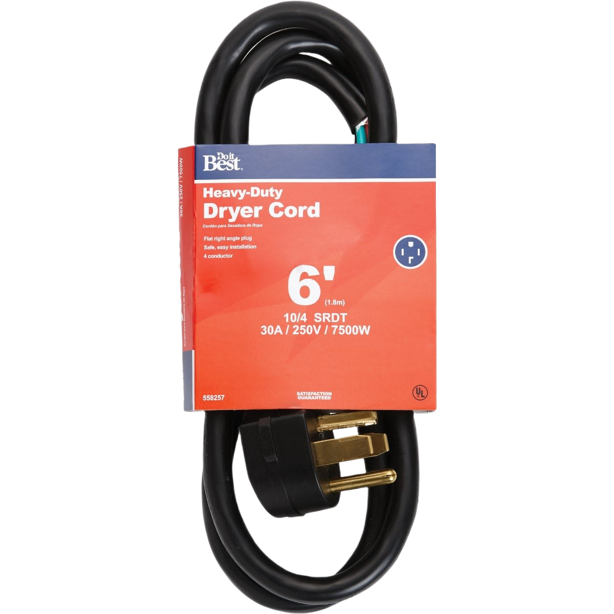 Heavy-duty black dryer cord with gold prong plug, rated for 30A and 250V in home improvement projects