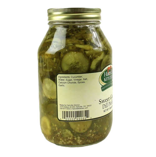 Glass jar of sweet garlic dill pickles showing ingredients and label from preserved goods and fruits & vegetables collections