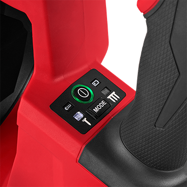 Close-up of mode selector panel with illuminated power button and textured grip on red and black coil roofing nailer for home improvement tasks