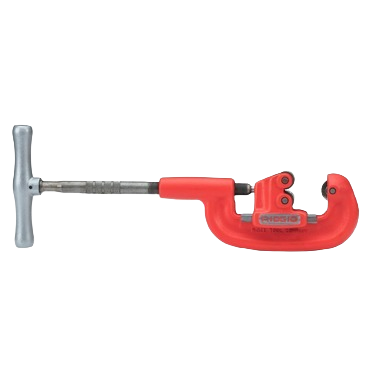 Red heavy-duty pipe cutter with wide rolls and T-shaped metal handle, designed for plumbing and hand tool rental equipment at Hartville Hardware.