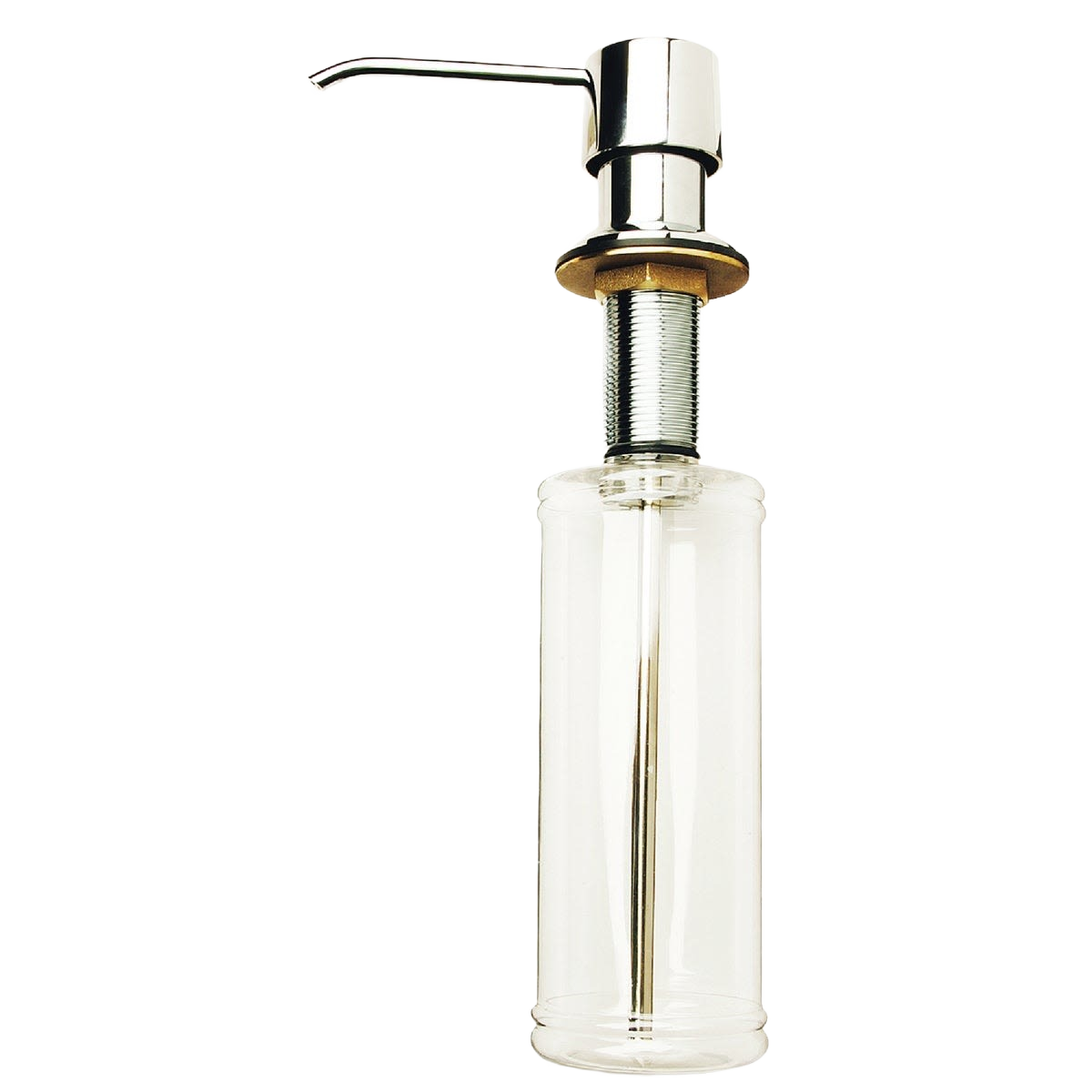 Clear plastic soap dispenser with chrome pump and threaded neck for easy countertop installation in home improvement projects