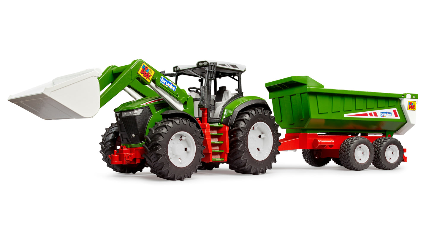 Green Roadmax toy tractor with front loader and tipping trailer from Bruder Toys in Vehicles & Remote Controlled Toys collection