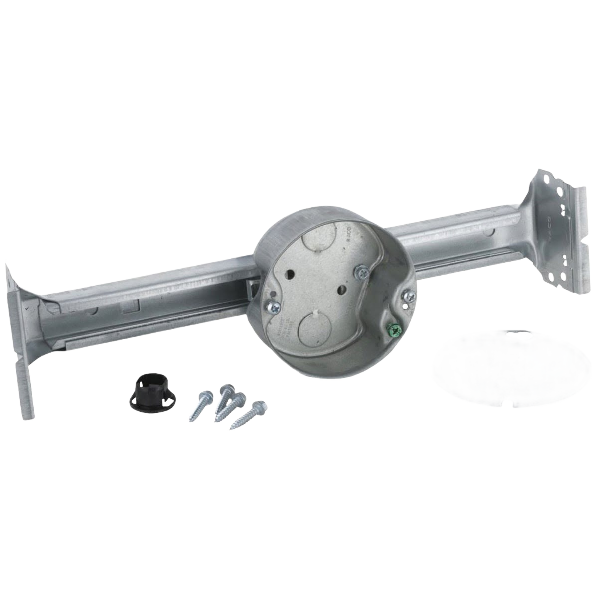 Galvanized steel ceiling fan electrical box with adjustable mounting bracket and installation screws for home improvement projects