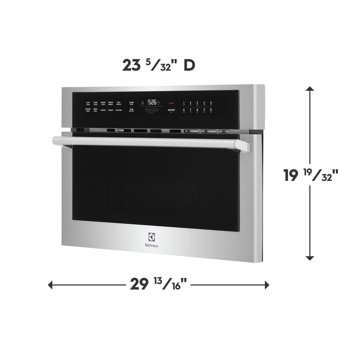 Built-in microwave oven with stainless steel finish, digital control panel, and drop-down door with handle and dimensions shown