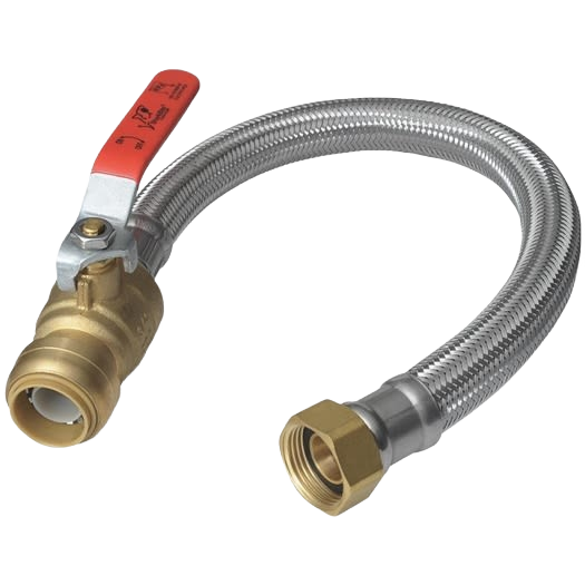 Flexible stainless steel water heater connector with brass ball valve and red handle for home improvement tasks