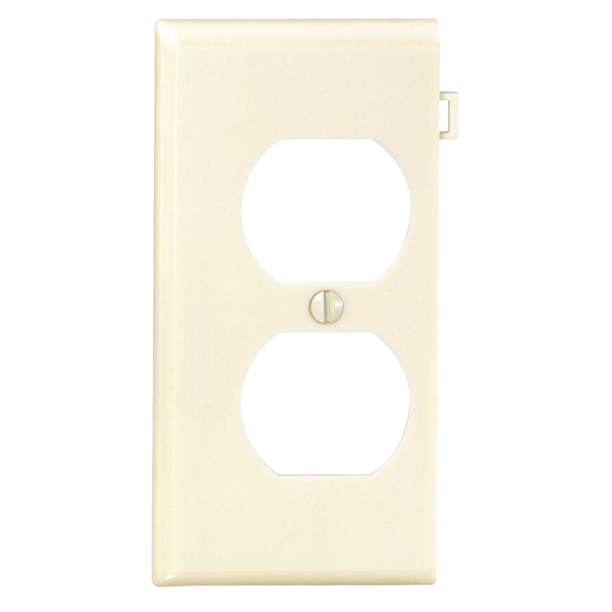 Cream-colored duplex sectional outlet wall plate end panel designed for home improvement projects