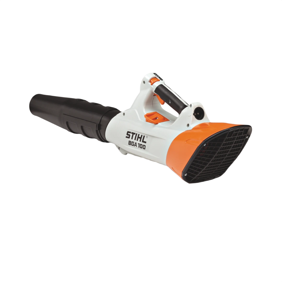 Battery-powered handheld blower with ergonomic grip and white and orange housing for outdoor cleaning in tools and home improvement