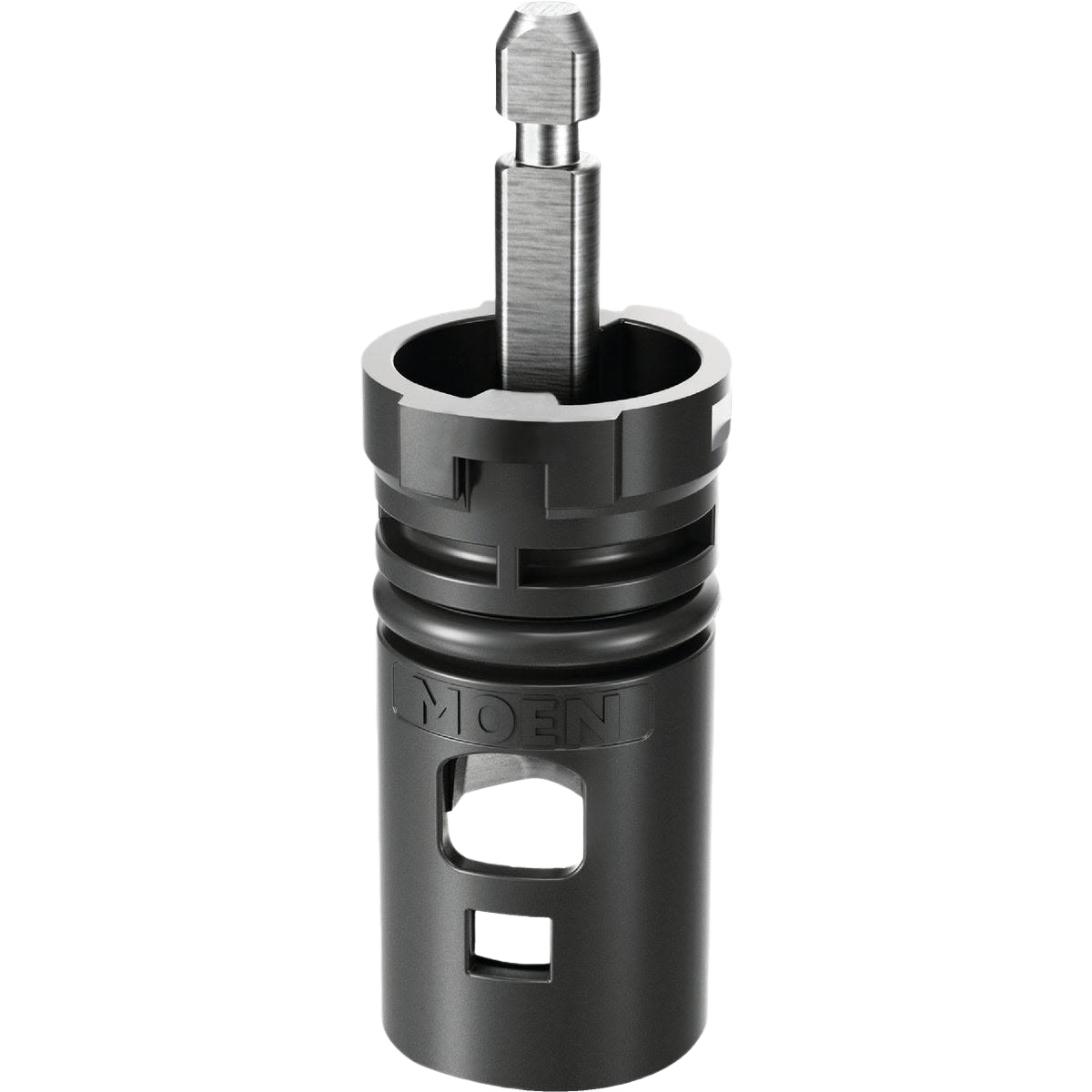 Black and metal replacement cartridge for two-handle bathroom and kitchen faucets designed for home improvement use