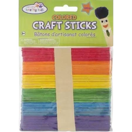 Pack of 100 colorful craft sticks in red, orange, yellow, green, blue, and purple for kids’ creative projects