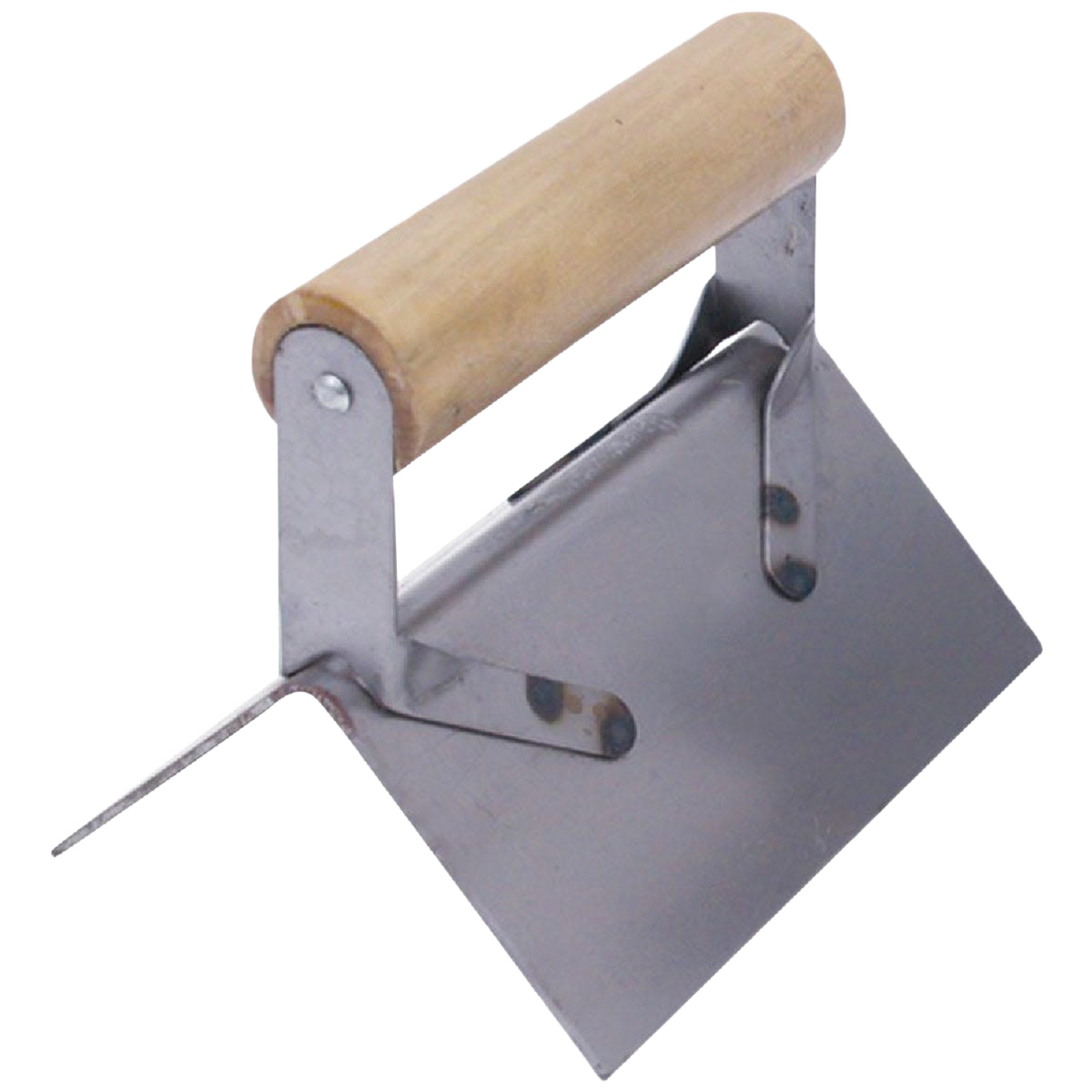 Metal corner tool with angled flat blade and smooth wooden handle for precise finishing in home improvement projects