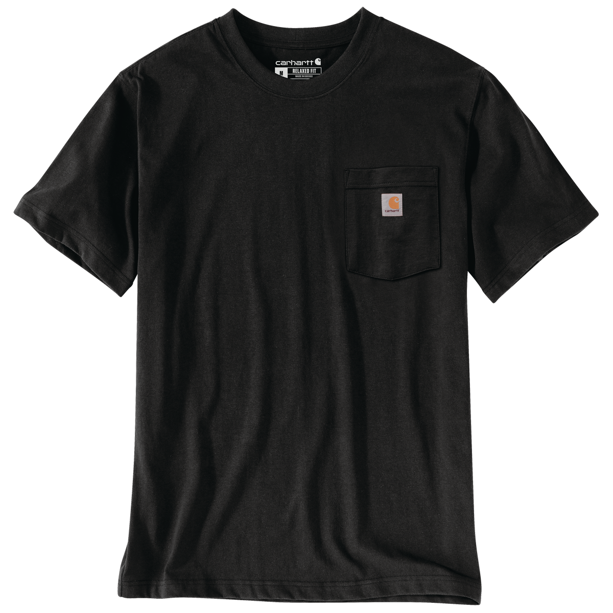 Men’s black relaxed fit t-shirt in durable cotton-poly blend featuring a chest pocket with a small logo patch, designed for workwear and casual wear.