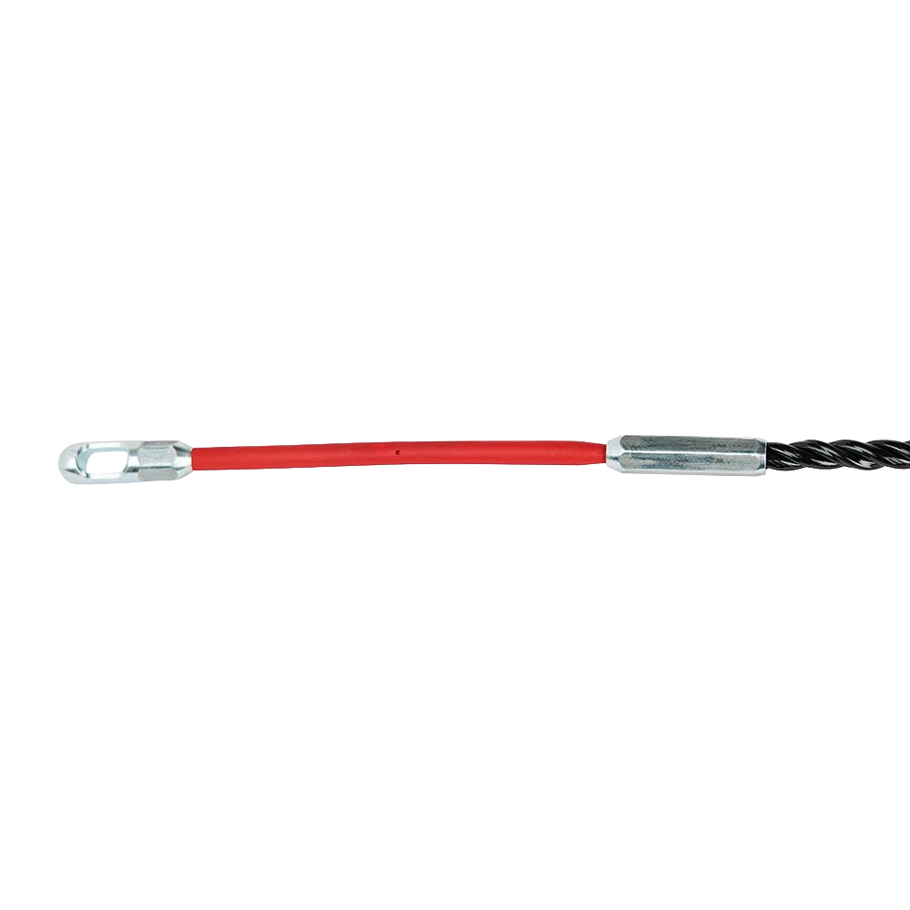 Red flexible metal leader attached to black coiled fish tape for electrical conduit tools and accessories.