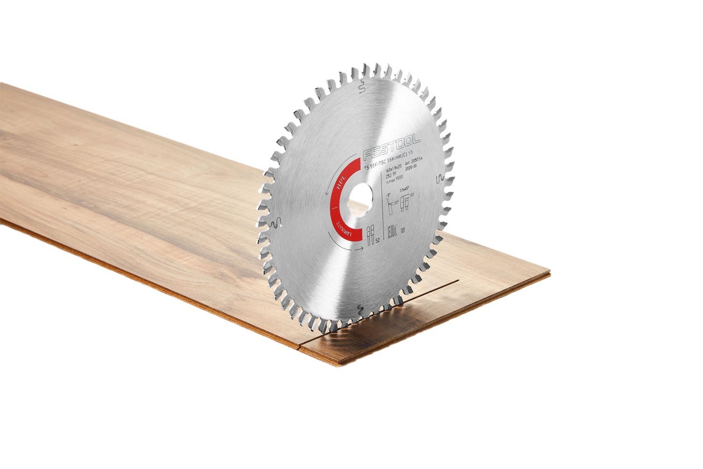 Festool laminate saw blade with fine-grain carbide teeth cutting a wooden panel for woodworking tool accessories