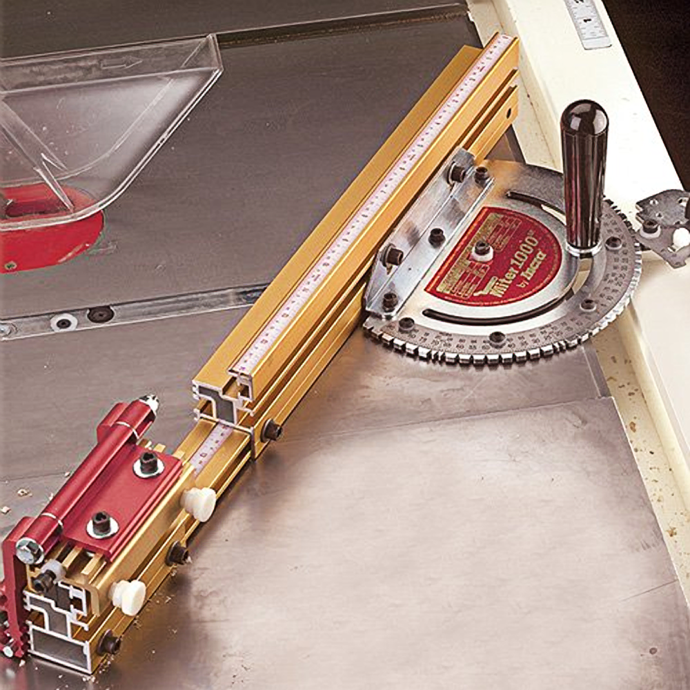 Gold and steel adjustable miter gauge with black handle and angle measurement for tools and home improvement use