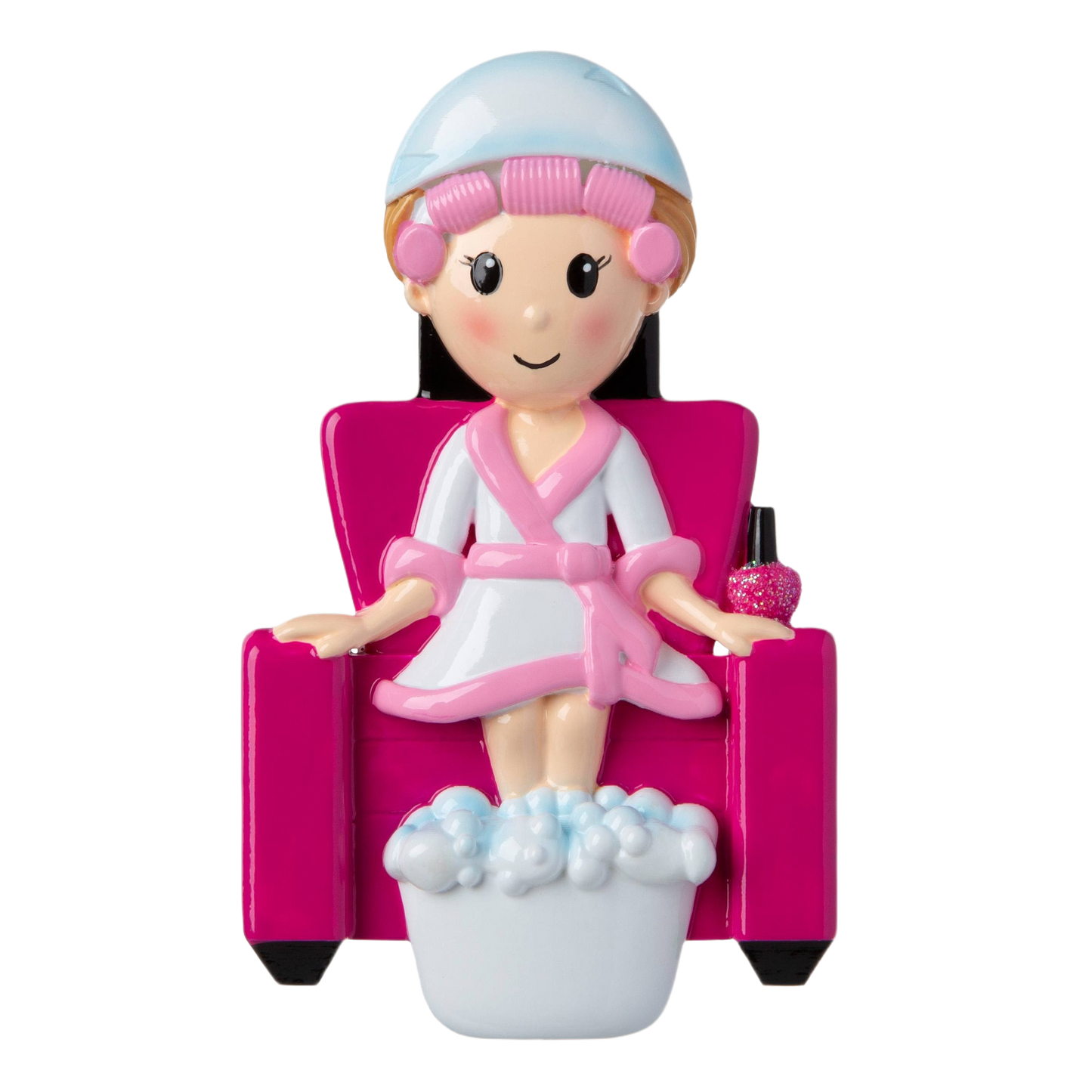 Cute salon ornament featuring a person in pink robe with hair rollers, sitting with feet in bubbly foot bath for Christmas decor
