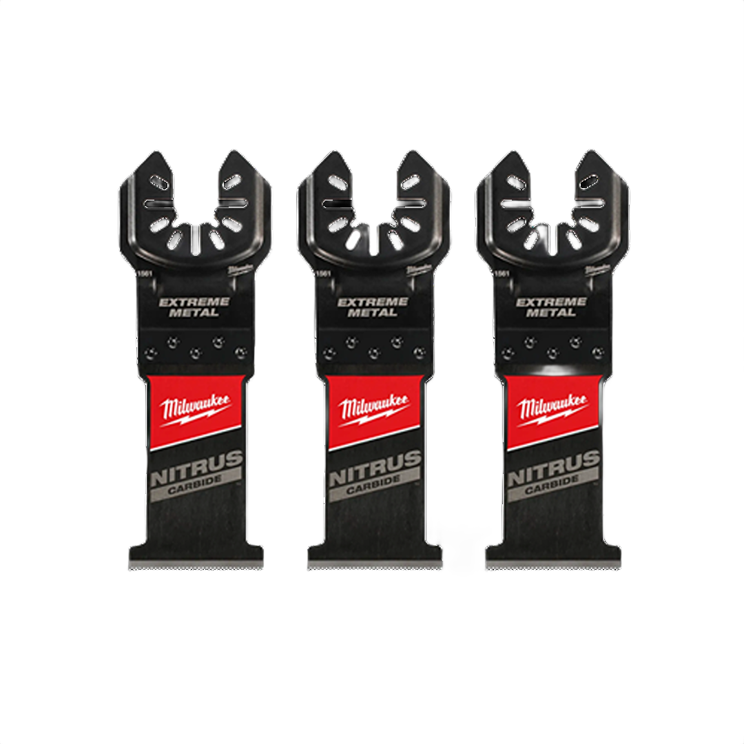 Three black metal multi-tool blades with carbide tips and Open-Lok mounting for heavy-duty home improvement tasks.