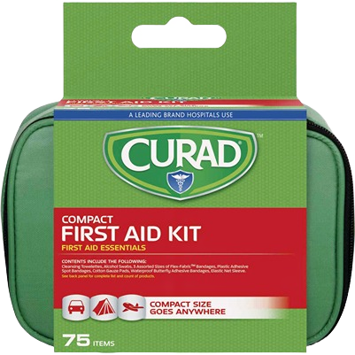 Green compact first aid kit with zipper, labeled containing 75 essential medical supplies for on-the-go use
