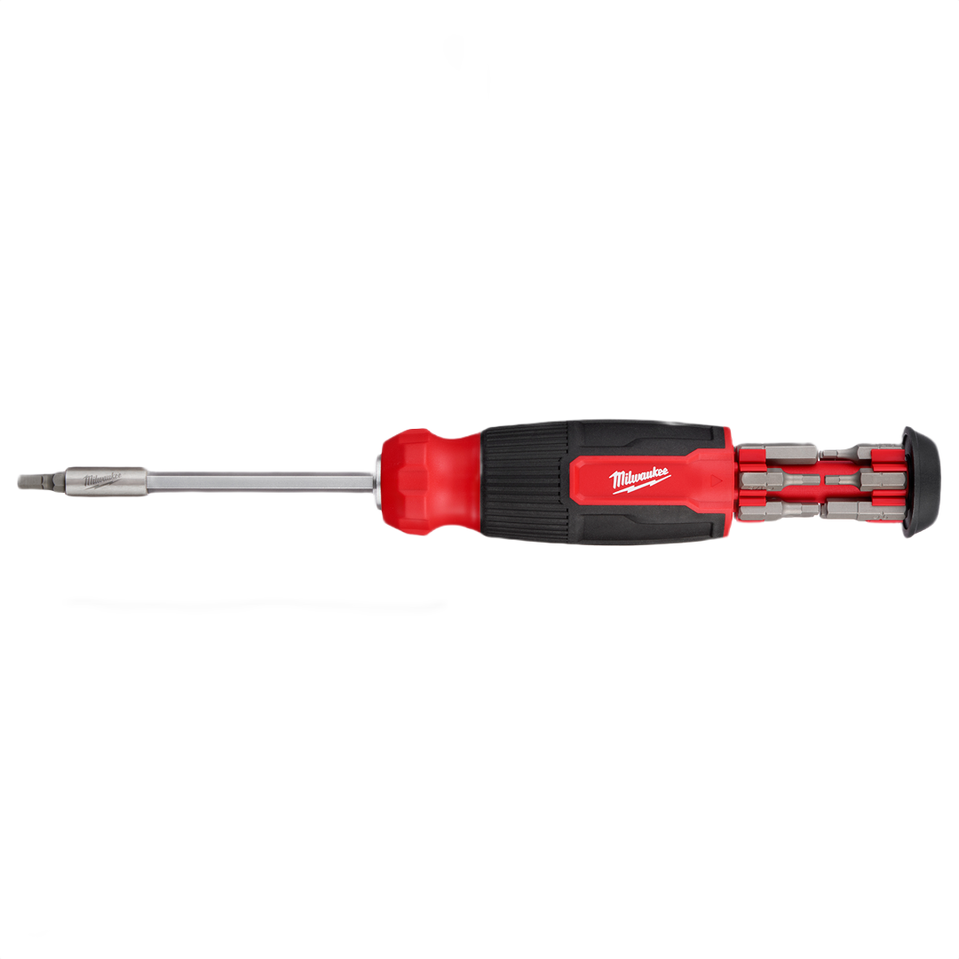 Red and black multi-bit screwdriver with extendable shaft and built-in bit storage for versatile tool use